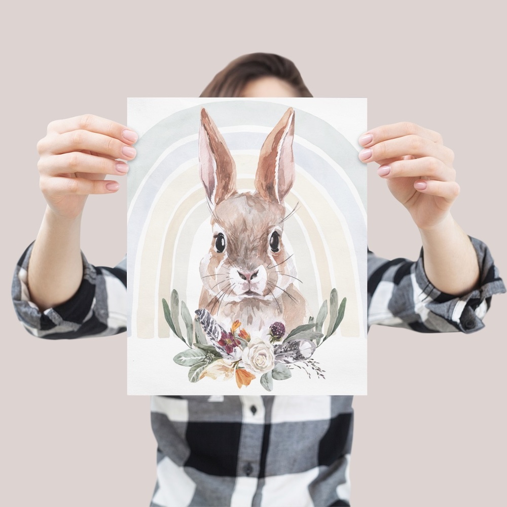 Watercolor Floral Bunny Wall Art Illustration Print Poster Card Unframed - Picture 5 of 14